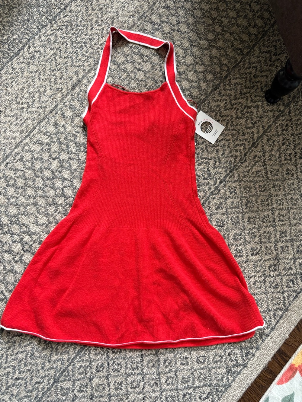Daily Practice Red Ribbed flirty dress with White Trim
